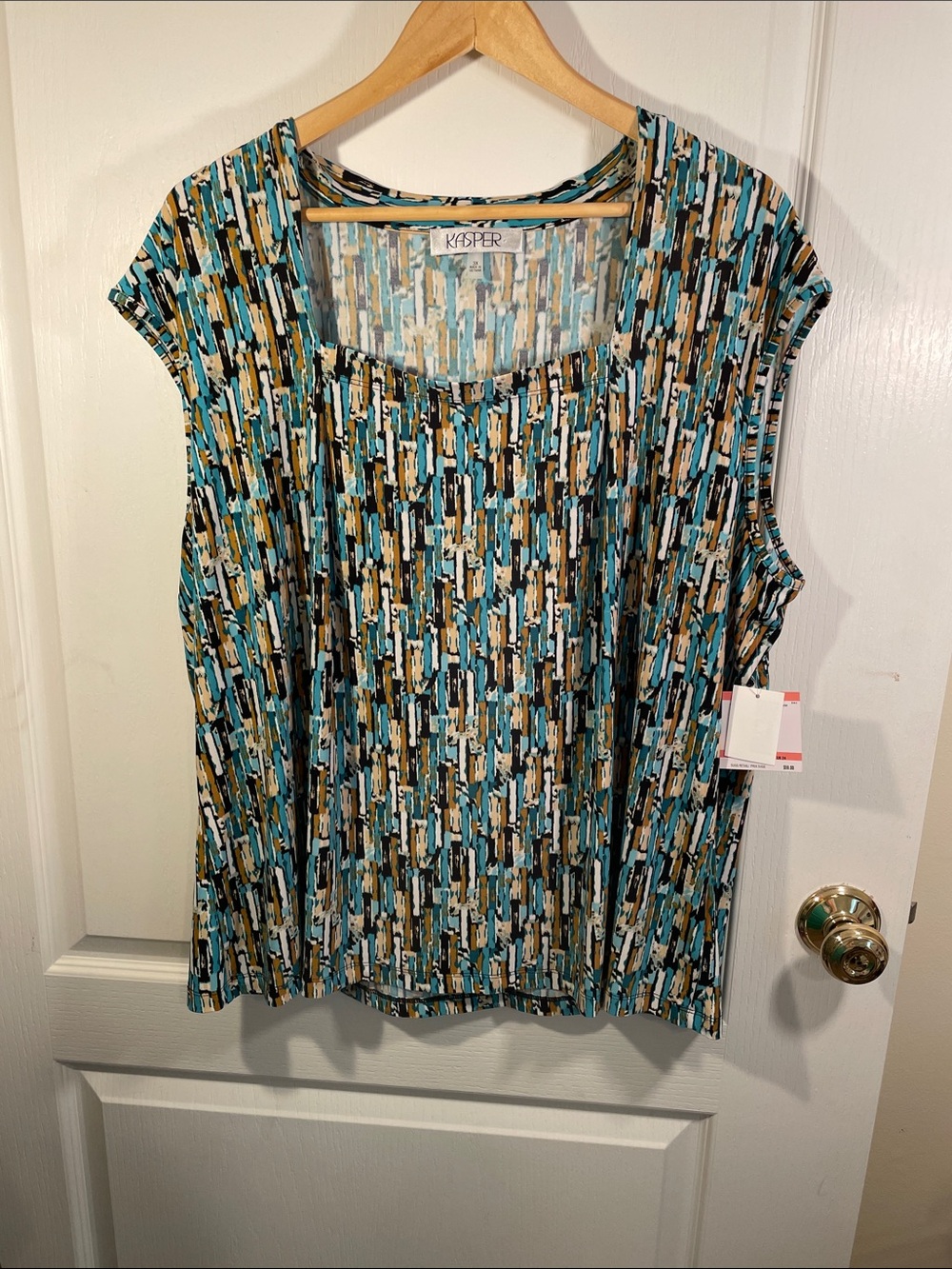 Kasper Teal, Black & Tan Abstract Print Short Sleeve Tunic